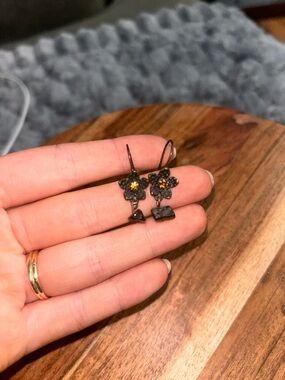 Avon Brown Tiger's Eye Bronze Floral Dangle Earrings Orange Crysta